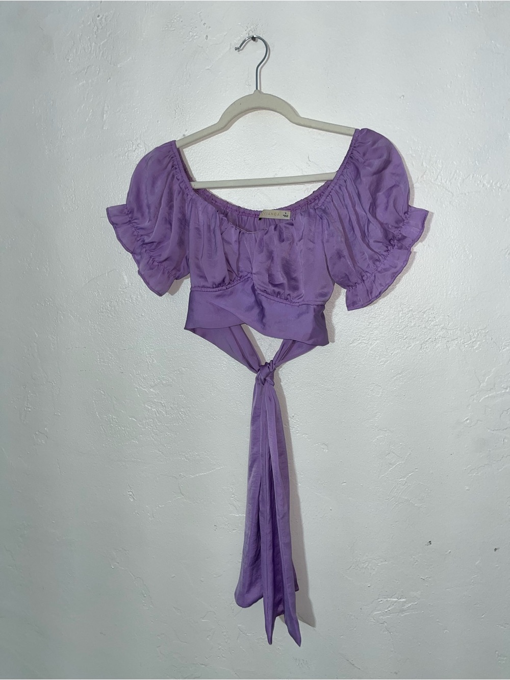 Lilac Tie-Front Top Light Purple Cropped Puff Sleeve Square Off Shoulder LikeNew